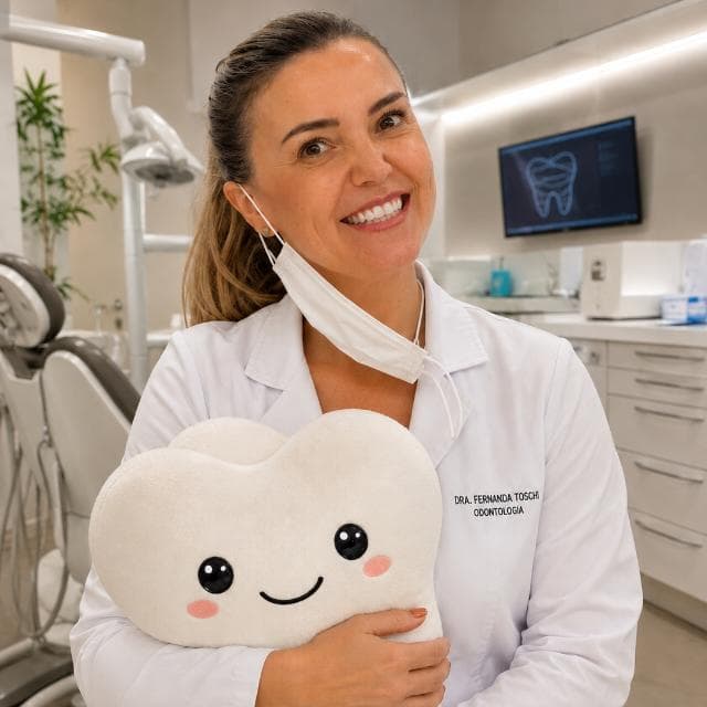 Dra. Fernanda Toschi sorrindo no consultório odontológico, segurando um dente de pelúcia
